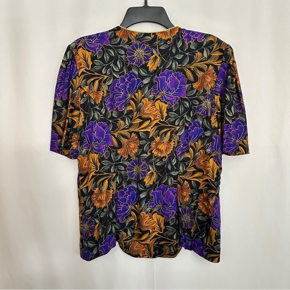 90s Vintage Ultra Dress Women's Floral Blouse Top in Black Purple Orange sz 8 - Picture 10 of 11